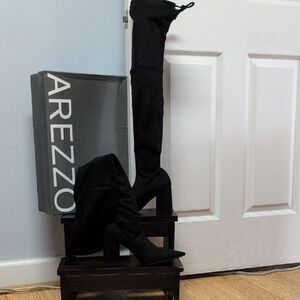 Arezzo Serenity Black Over-the-Knee Boots Textile Fabric Suede Tie Top Sz 7B NEW